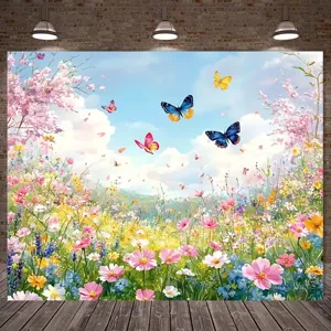 Frühlingshafter Fotohintergrund mit bunten Blumen und Schmetterlingen