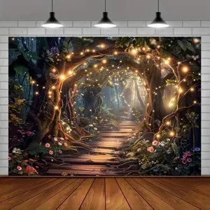 Enchanted forest photography backdrop featuring fairy lights and a magical wooden path design