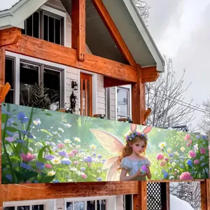 Spring fairy garden party decorative banner featuring flowers and cute elf girl on balcony