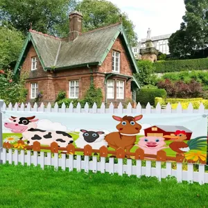 Boerderij thema banner met cartoon dieren aan een wit tuinhek