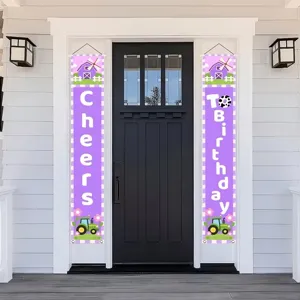 Paarse veranda banners boerderijthema met tractor en schuur voor verjaardag buiten decor