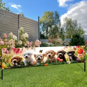 Spring puppy garden banner featuring cute dogs and flowers for outdoor fence decor