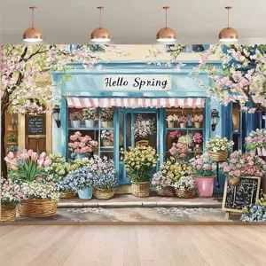 Romantic spring flower shop theme photography backdrop with Hello Spring floral design