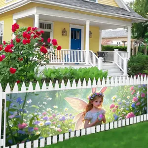 Spring fairy themed outdoor banner with cute fairy and flowers garden decoration
