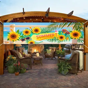 Large summer banner with sunflowers and palm leaves hanging on a wooden garden patio.