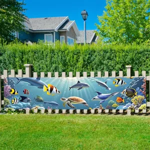 Ocean Biological Theme Decorative Banner Undersea World Element Backdrop Outdoor Birthday Party Decoration Polyester Printed Long Hanging Flag