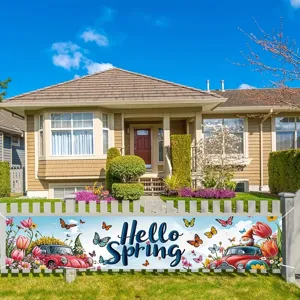Hello Spring Banner Vintage Red Car Tulip Floral Garden Fence Decoration Polyester Easter Spring Party Backdrop Banner