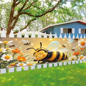 Garden Banner Bee Daisy Floral Pattern Outdoor Decoration Banner Pongee Polyester Yard Fence Backdrop Decorative Banner