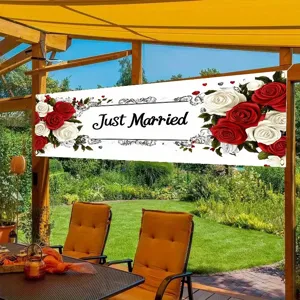 Wedding Banner Decorative Pongee Outdoor Party Supplies Red White Rose Floral Just Married Printed Backdrop Hanging Decor