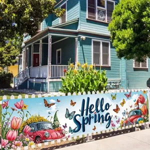 Hello Spring garden banner with vintage red car and flowers displayed on white fence
