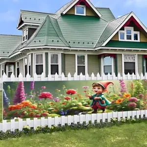 Spring garden banner with gnome and flower design for outdoor courtyard decoration