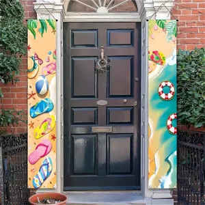 Vibrant beach themed porch signs with flip-flops and lifebuoys for summer party