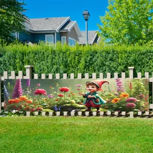 Spring garden theme outdoor banner featuring cute elf and colorful flowers on fence