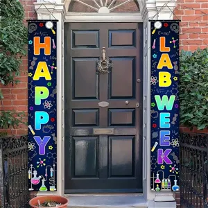Happy Lab Week theme porch sign set with colorful scientific laboratory elements