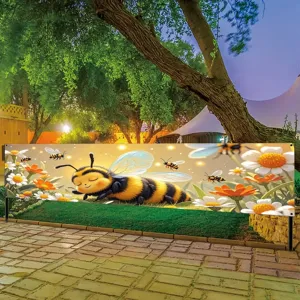 Large bee and flower theme garden banner for outdoor courtyard decorative events