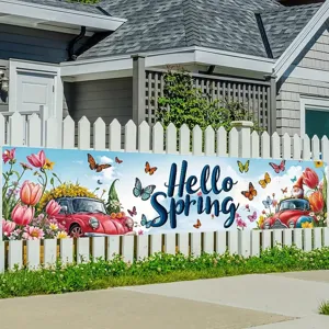 Hello Spring outdoor banner with vintage red car and tulip flowers for yard party decor