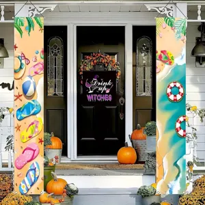 Summer beach theme porch banners featuring colorful flip-flops and lifebuoy prints for party