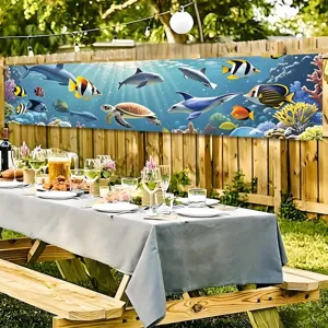 Marine life theme party banner featuring underwater ocean world with dolphins and turtles