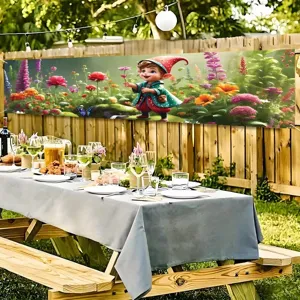 Outdoor spring garden banner featuring a gnome and colorful flowers on a wooden fence