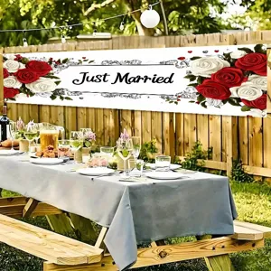 Just Married wedding banner with red and white rose design for outdoor party decor