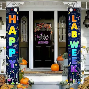 Happy Lab Week themed porch banners featuring colorful science test tube elements for door decor