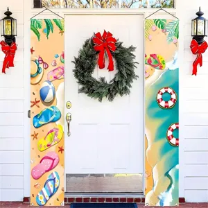 Summer beach theme door banners featuring colorful flip-flops and sea wave patterns