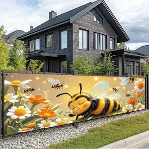 Large horizontal garden banner with cute bee and flower meadow theme for outdoor fence