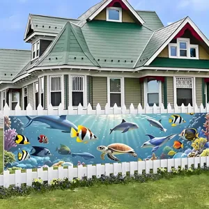 Large ocean theme birthday party banner with dolphins and sea turtle for outdoor decoration