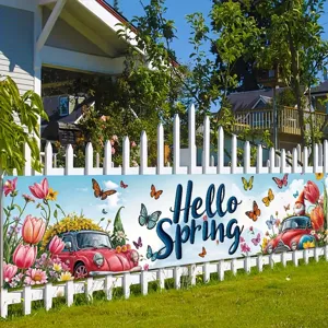 Large Hello Spring decorative banner featuring vintage red cars and flowers on a garden fence