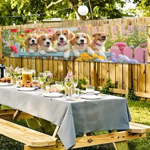 Garden banner featuring cute puppies and flowers for spring outdoor yard decoration