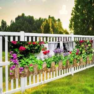 Bannière décorative extérieure de jardin de printemps sur une clôture blanche