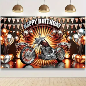 Cool motorcycle theme birthday party backdrop with flames and golden balloons decor