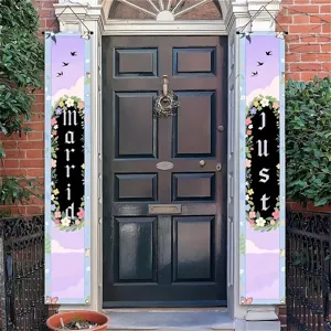 Set di striscioni Just Married per porta d'ingresso con disegni floreali color lavanda