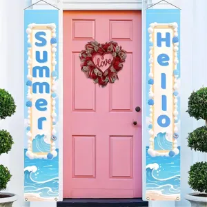 Striscioni verticali per porta a tema spiaggia estiva con onde e grafiche di conchiglie