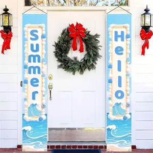 Striscioni decorativi per porta Hello Summer con elementi di onde marine e conchiglie estive