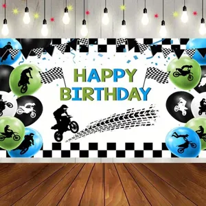 Cool motocross motorcycle themed Happy Birthday party photography backdrop banner decor