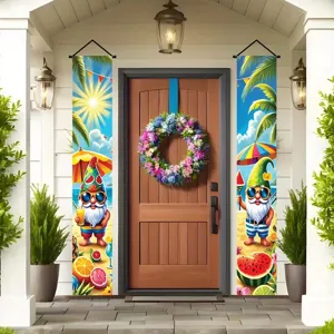 Colorful summer beach gnomes door banners for porch decoration with tropical elements