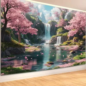 Romantische Kirschblüten-Fotohintergrund mit Wasserfall und rosa Frühlingslandschaft