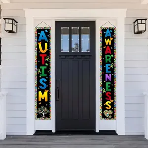 Autism Awareness Month Door Banner Set Colorful Puzzle Pieces Heart Tree Print Home Porch Wall Decoration Polyester Banner