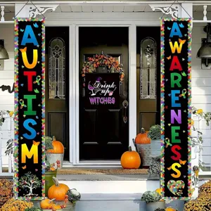 Colorful Autism Awareness porch banners with puzzle piece motifs and heart design