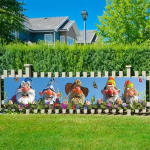 Spring Gnome Garden Banner Outdoor Decoration Butterfly Flower Printed Polyester Pongee Horizontal Yard Sign Decor Party Supplies