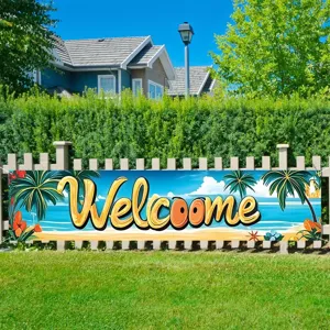 Tropical Beach Welcome Banner Palm Tree Summer Party Decoration Outdoor Yard Garden Backdrop Polyester Printed Welcome Sign