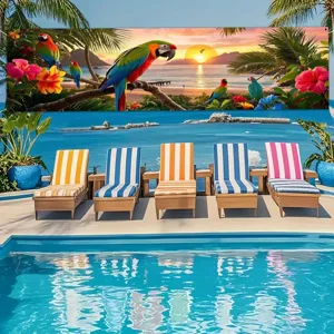Pancarta grande de puesta de sol en la playa con loro tropical para decoración fiesta