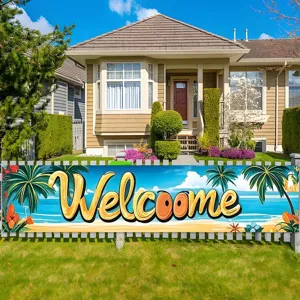 Tropical beach welcome banner with palm trees for summer garden party decoration