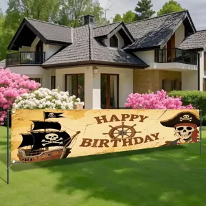 Large pirate themed Happy Birthday outdoor banner for kids party with skull ship design