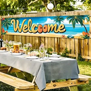 Tropical beach welcome banner with palm trees for summer beach party decorations