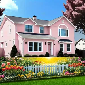 Spring garden banner with vibrant floral fence and sunbeams for outdoor yard decoration