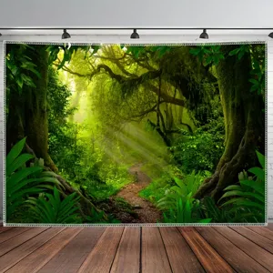 Enchanting tropical rainforest forest path backdrop for photography and party decoration