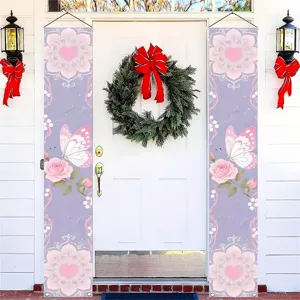 Copla de Puerta con Mariposa Floral Rosa Púrpura Pancarta Romántica de Rosa Corazón para Decoración de Hogar Porche Boda Fiesta