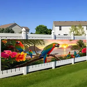 Vibrante pancarta de loros tropicales y puesta de sol para decoración de jardín
